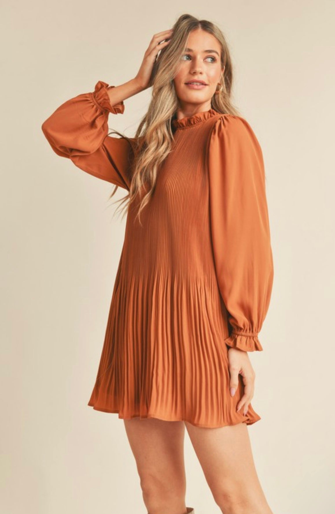 Burnt Orange Pleated Dress