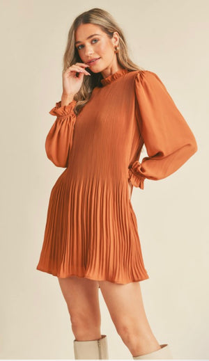 Burnt Orange Pleated Dress