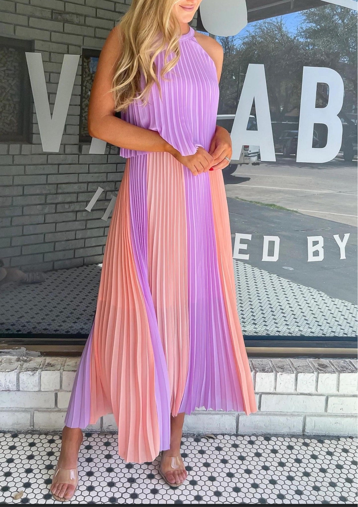 Lavender Peach Pleated Maxi Dress